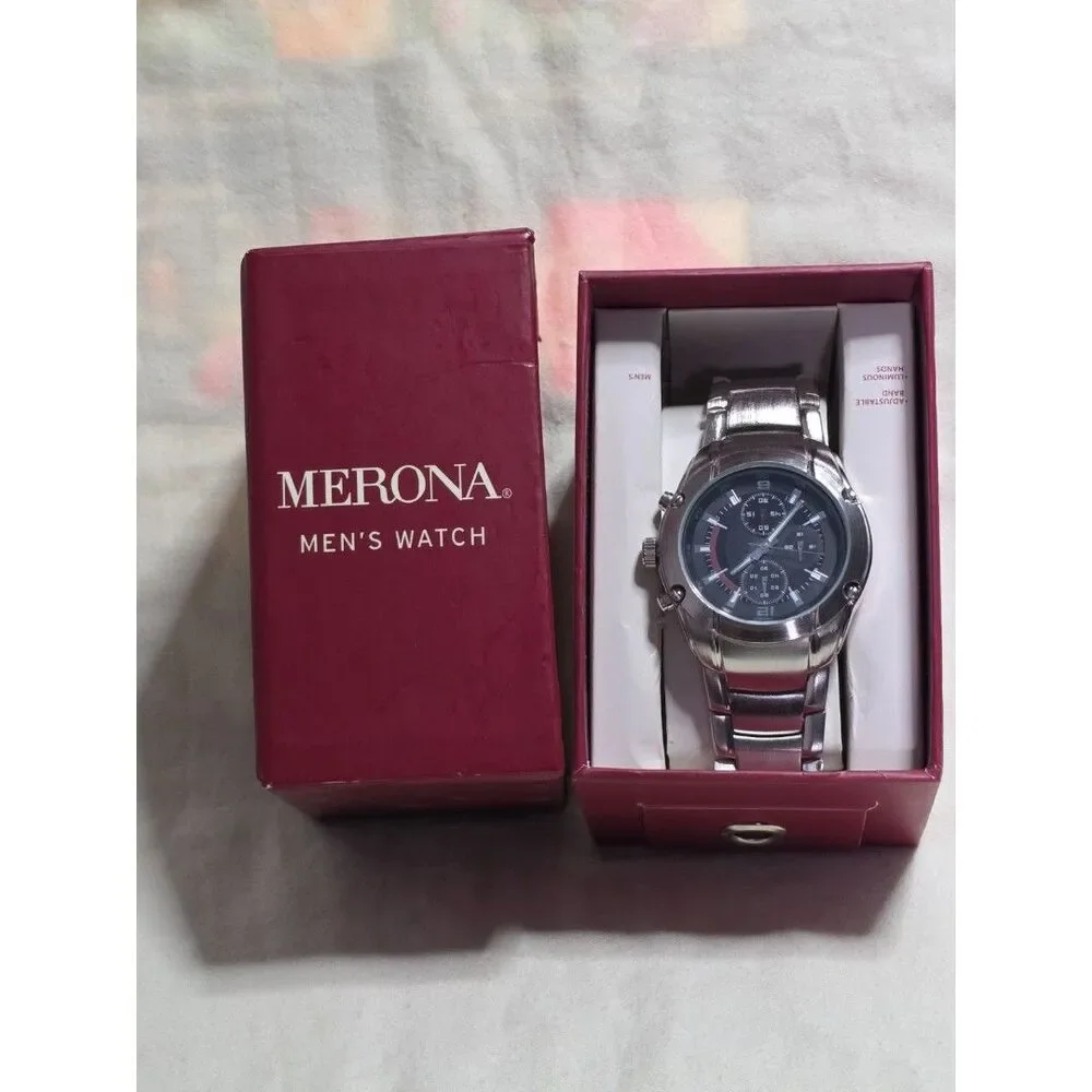 Merona Men's Quartz Sport Watch-Black Textured Dial–Steel Bracelet – (FMDM245)